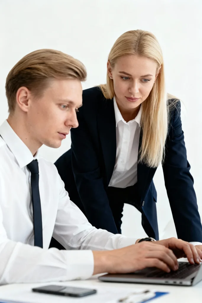 Divi profesionāli grāmatveži strādā pie klēpjdatora birojā